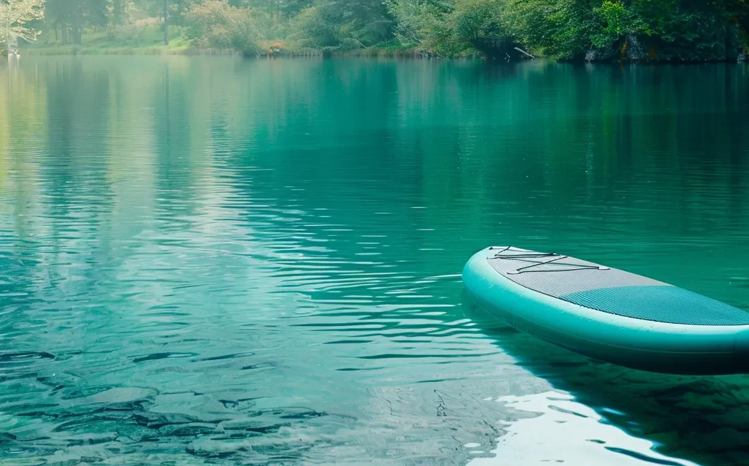 a serene lake setting with a vibrant turquoise inflatable paddle board floating peacefully on the water.